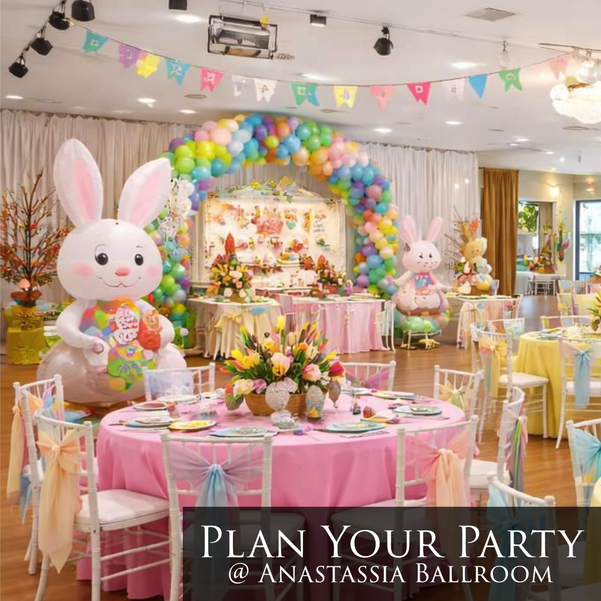 colorful easter party idea with balloon arch, banners, scavenger hunt wall, pastel linens, white chiavari chairs
