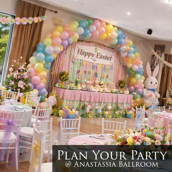 happy easter banner with balloon arch, candy area, white bunny statue