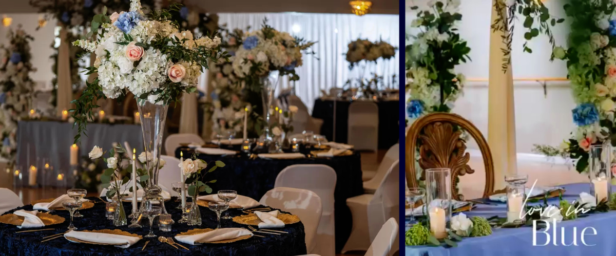 shades of blue color table linens and floral look