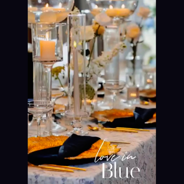 Love in blue wedding table setting