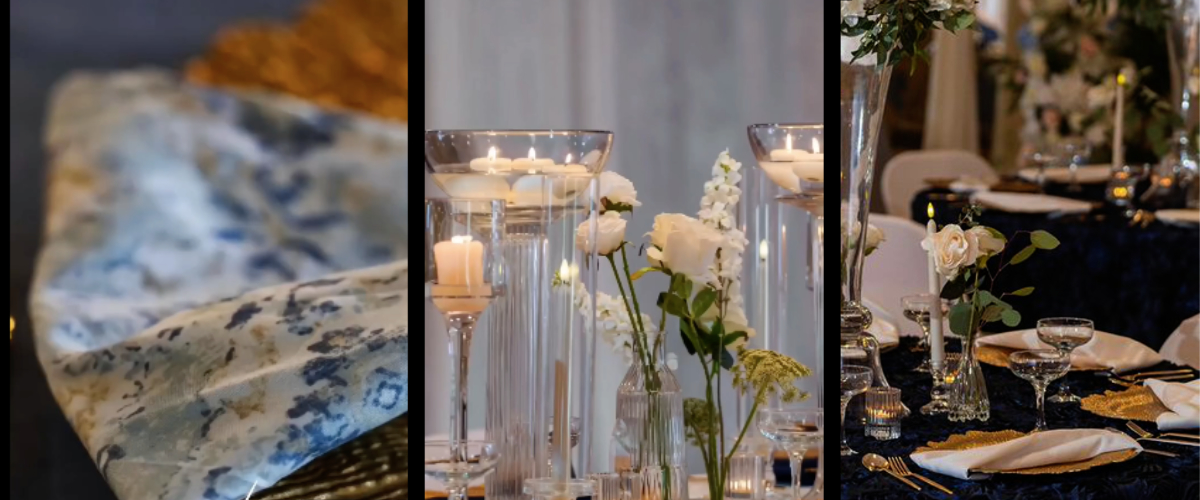 blue wedding details tablecloth with gold plates