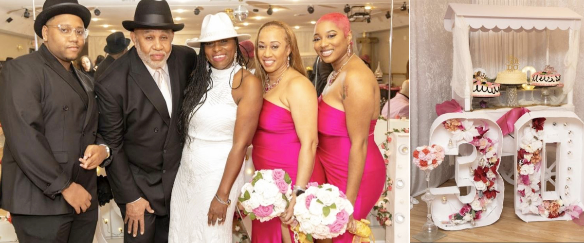 gorgeous wedding party with fedoras and fuchsia bridesmaid dresses