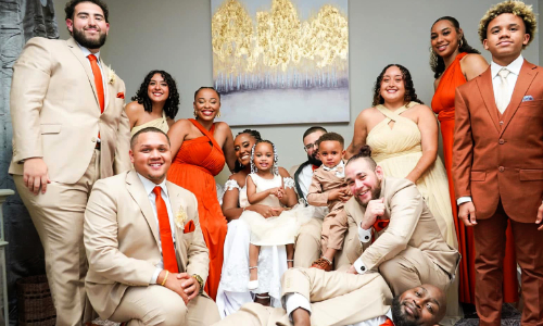 orange khaki wedding party look