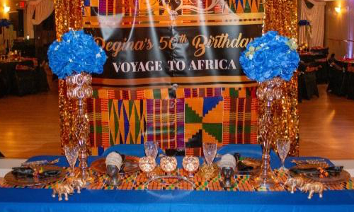 Voyage to Africa 50th birthday party culture mix colors