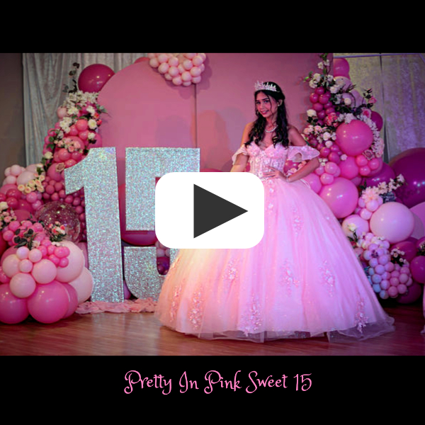 pretty in pink sweet 15 balloon arch pink dress and silver sparkly 15 letters