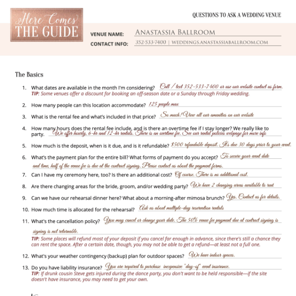wedding venue guide checklist questions with answers